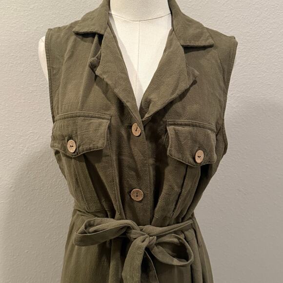 Tiffosi Olive Green Linen Blend Button Front Maxi Dress M Belted Safari Boho - Picture 3 of 8